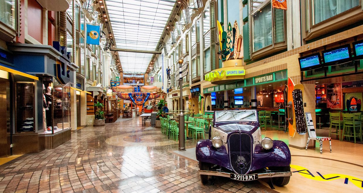 The Royal Promenade Shopping Center in a Royal Caribbean Cruise