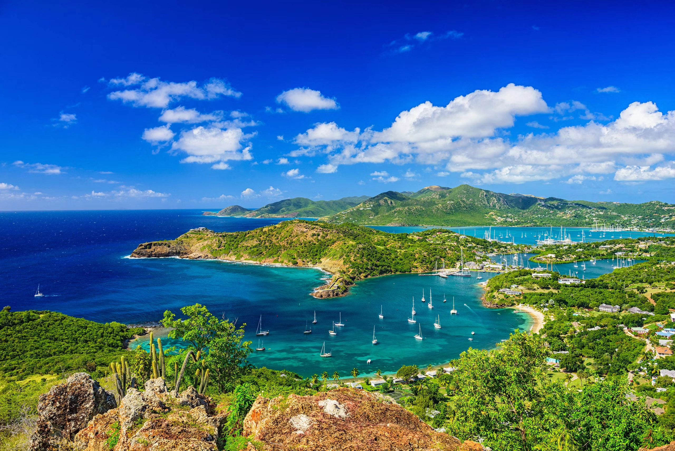 A vibrant, high-angle view of a Caribbean bay with a coastline of green, rolling hills and clear turquoise water. Numerous sailboats are anchored in the calm, protected harbor.