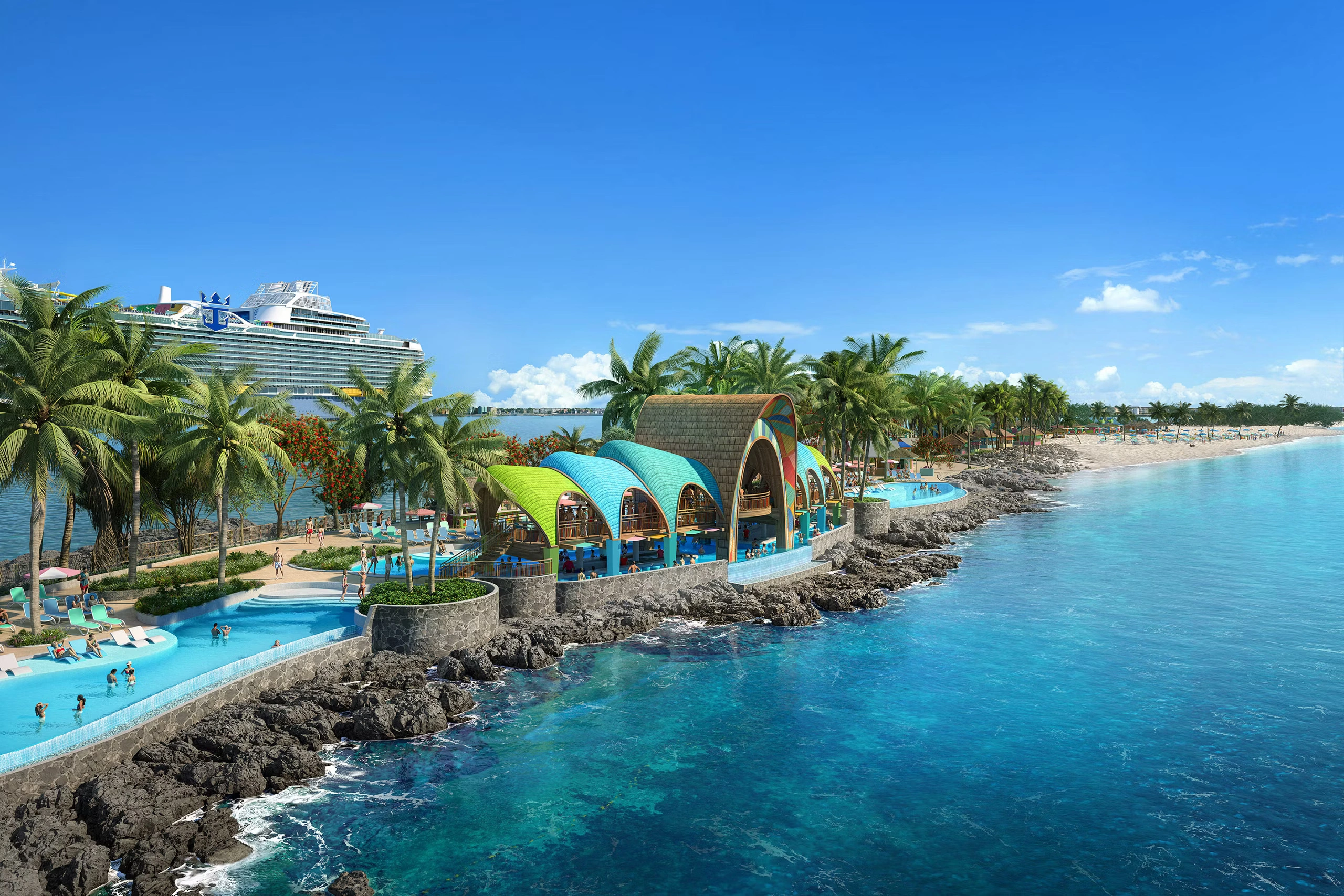 Tropical vacation setting with cruise ship in background
